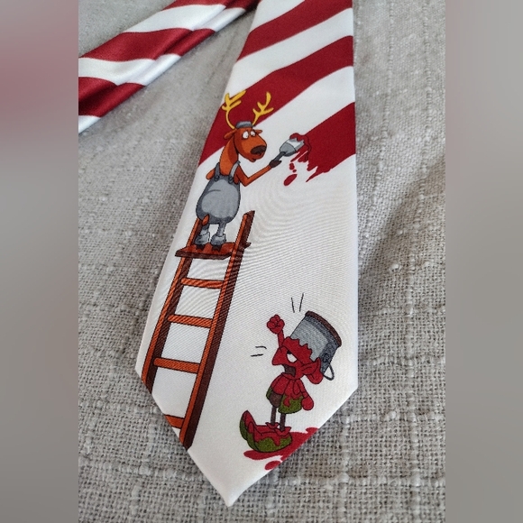 LIKE NEW Funny Elf & Reindeer Christmas or Holiday Tie, Red & White Stripes - Picture 2 of 6
